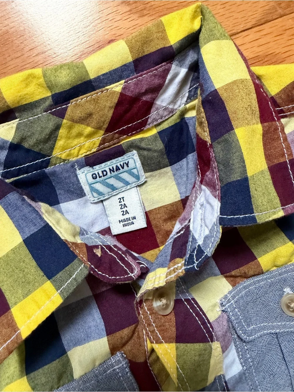 Old Navy Plaid Button-Down Shirt in Yellow, Red & Blue with Chambray Pockets